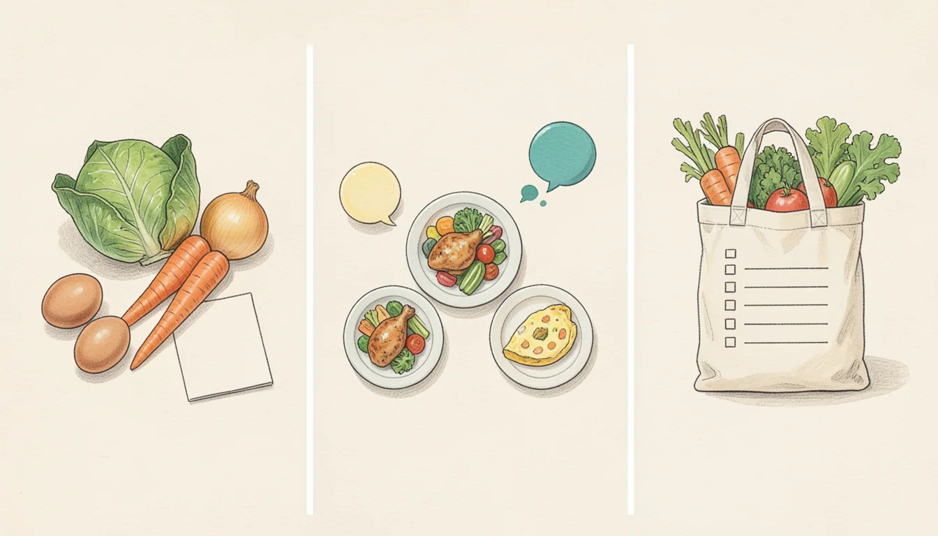 左から、食材とメモ、3皿の献立案、買い物袋とチェック欄を描いた3場面のイラスト